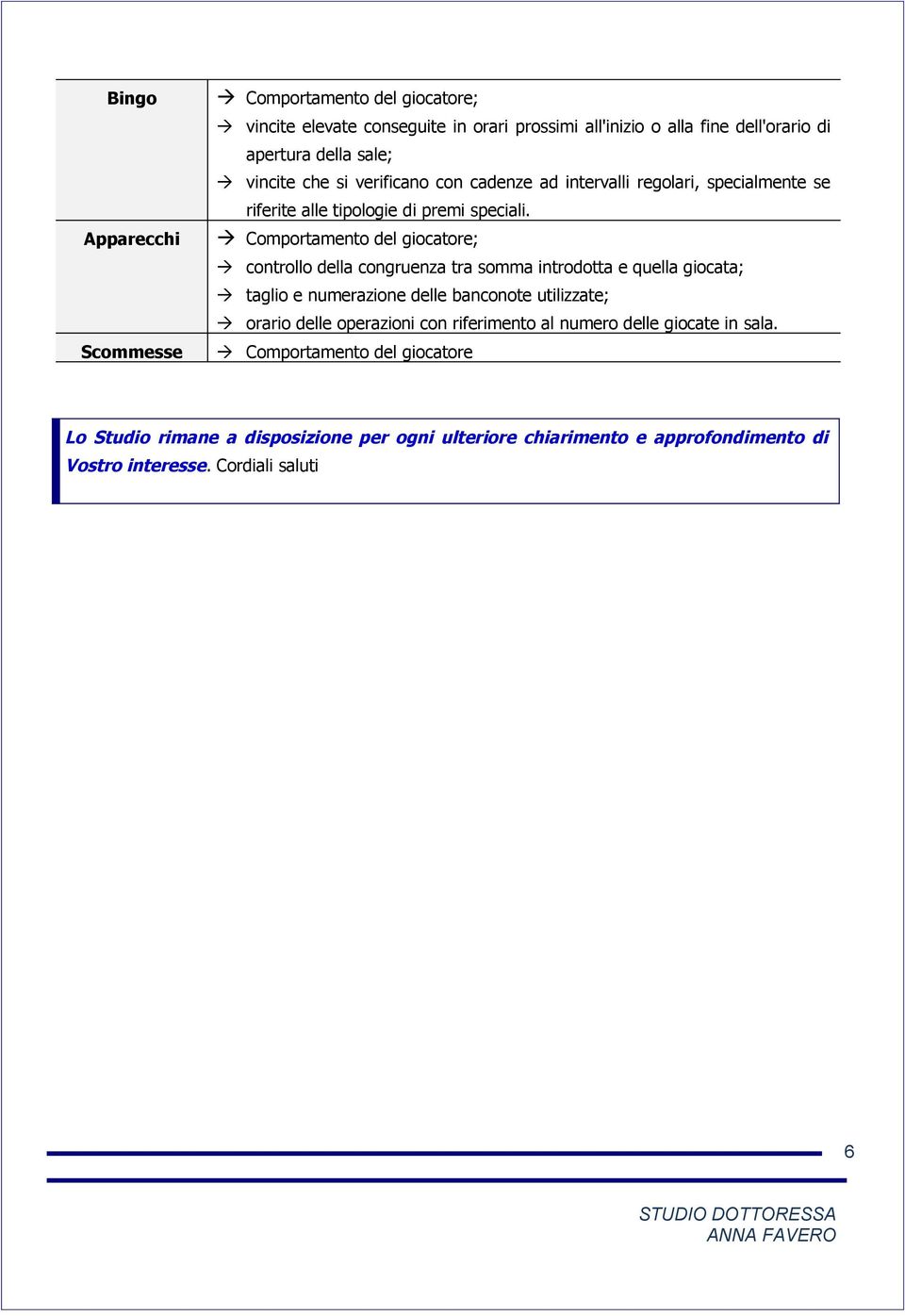 Comportamento del giocatore; controllo della congruenza tra somma introdotta e quella giocata; taglio e numerazione delle banconote utilizzate; orario delle