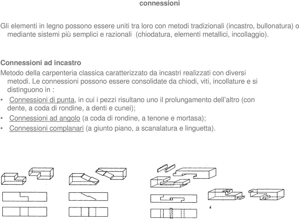 Le connessioni possono essere consolidate da chiodi, viti, incollature e si distinguono in : Connessioni di punta, in cui i pezzi risultano uno il prolungamento dell