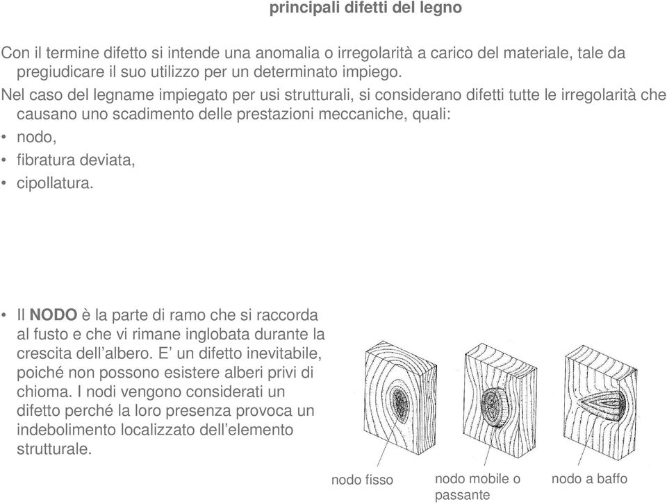 Nel caso del legname impiegato per usi strutturali, si considerano difetti tutte le irregolarità che causano uno scadimento delle prestazioni meccaniche, quali: nodo, fibratura deviata,