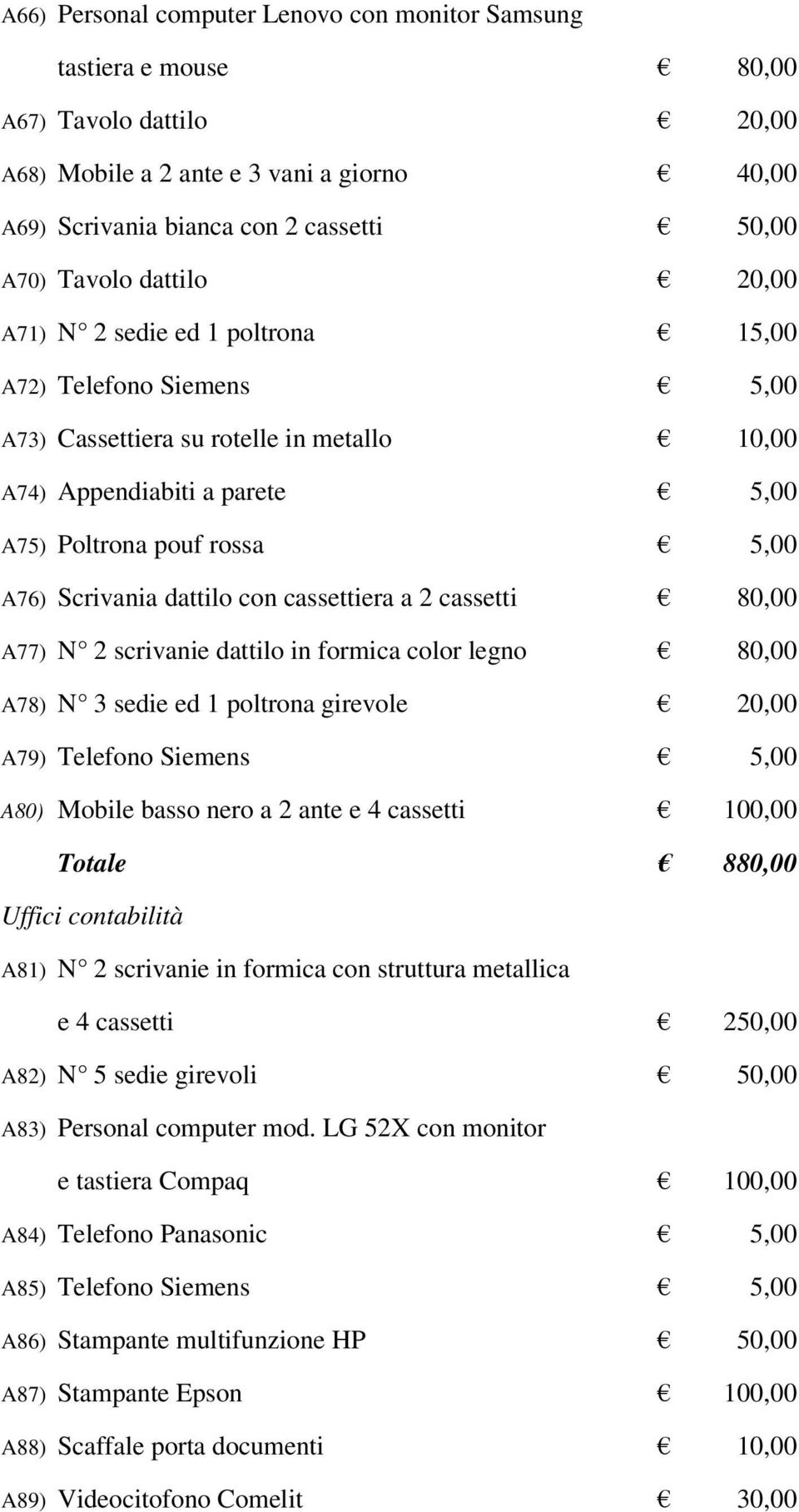 dattilo con cassettiera a 2 cassetti 80,00 A77) N 2 scrivanie dattilo in formica color legno 80,00 A78) N 3 sedie ed 1 poltrona girevole 20,00 A79) Telefono Siemens 5,00 A80) Mobile basso nero a 2