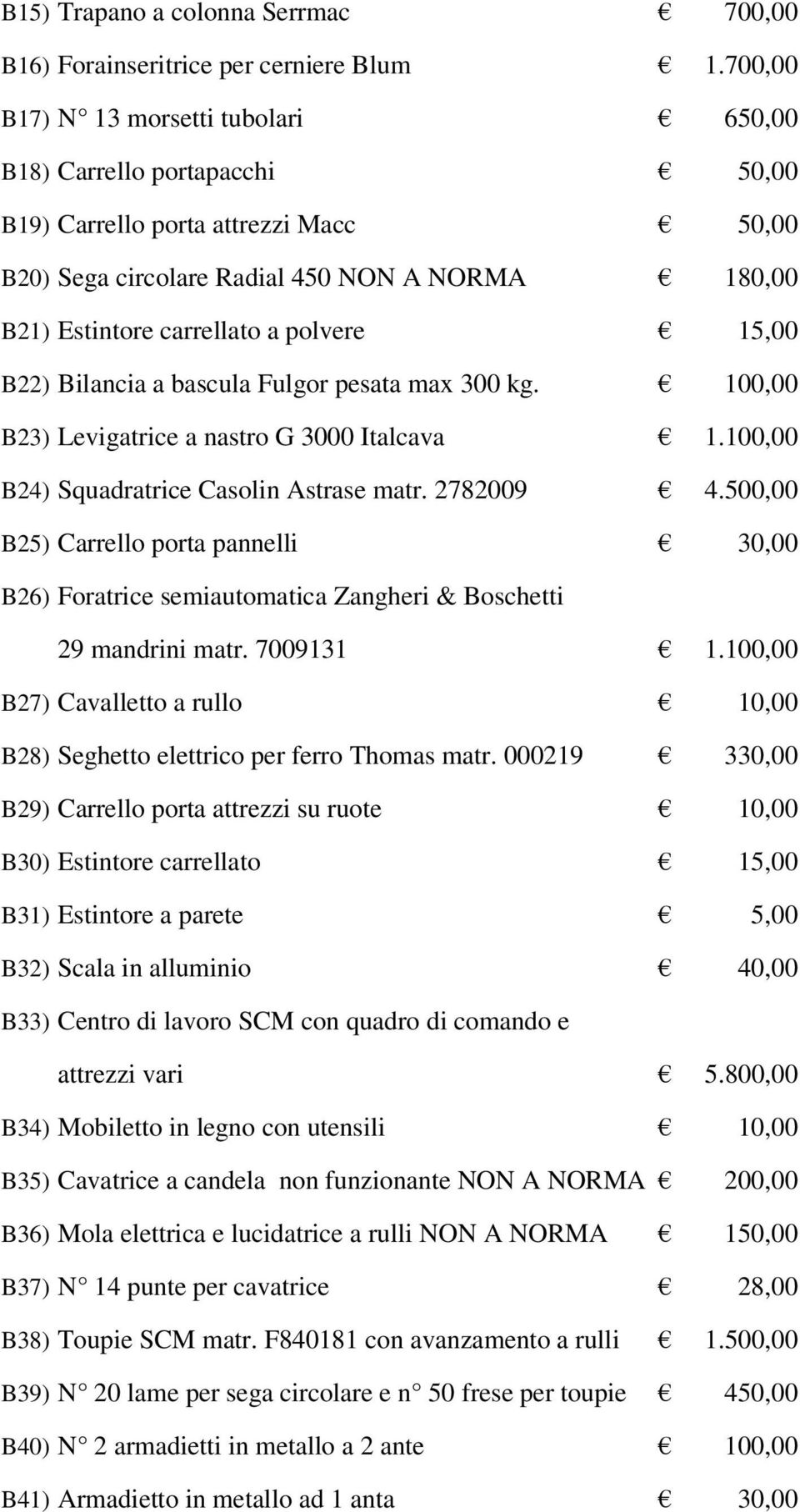 15,00 B22) Bilancia a bascula Fulgor pesata max 300 kg. 100,00 B23) Levigatrice a nastro G 3000 Italcava 1.100,00 B24) Squadratrice Casolin Astrase matr. 2782009 4.