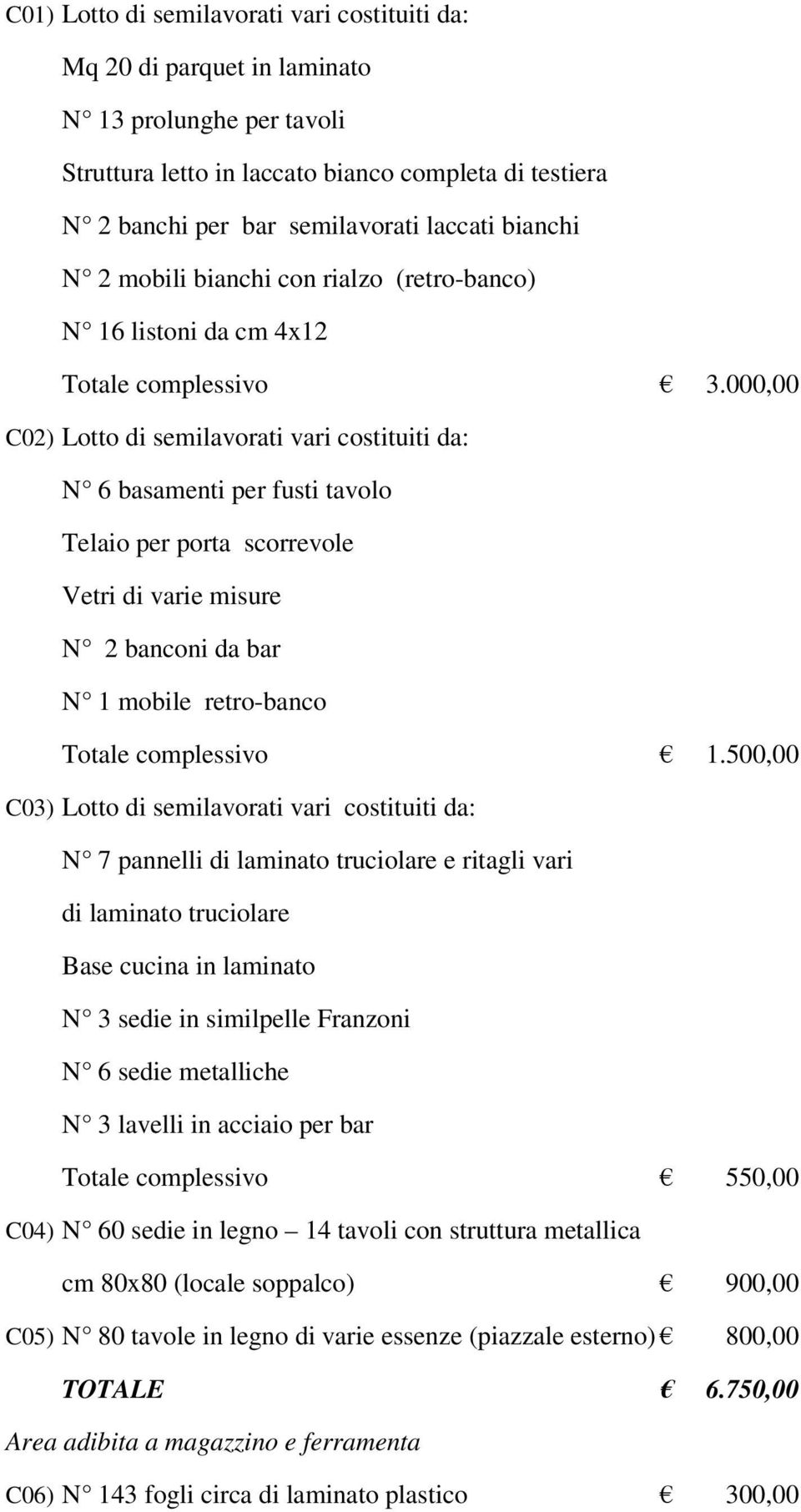 000,00 C02) Lotto di semilavorati vari costituiti da: N 6 basamenti per fusti tavolo Telaio per porta scorrevole Vetri di varie misure N 2 banconi da bar N 1 mobile retro-banco Totale complessivo 1.