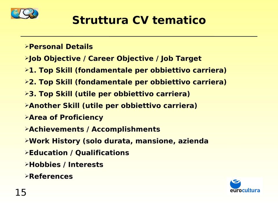 Top Skill (utile per obbiettivo carriera) Another Skill (utile per obbiettivo carriera) Area of Proficiency
