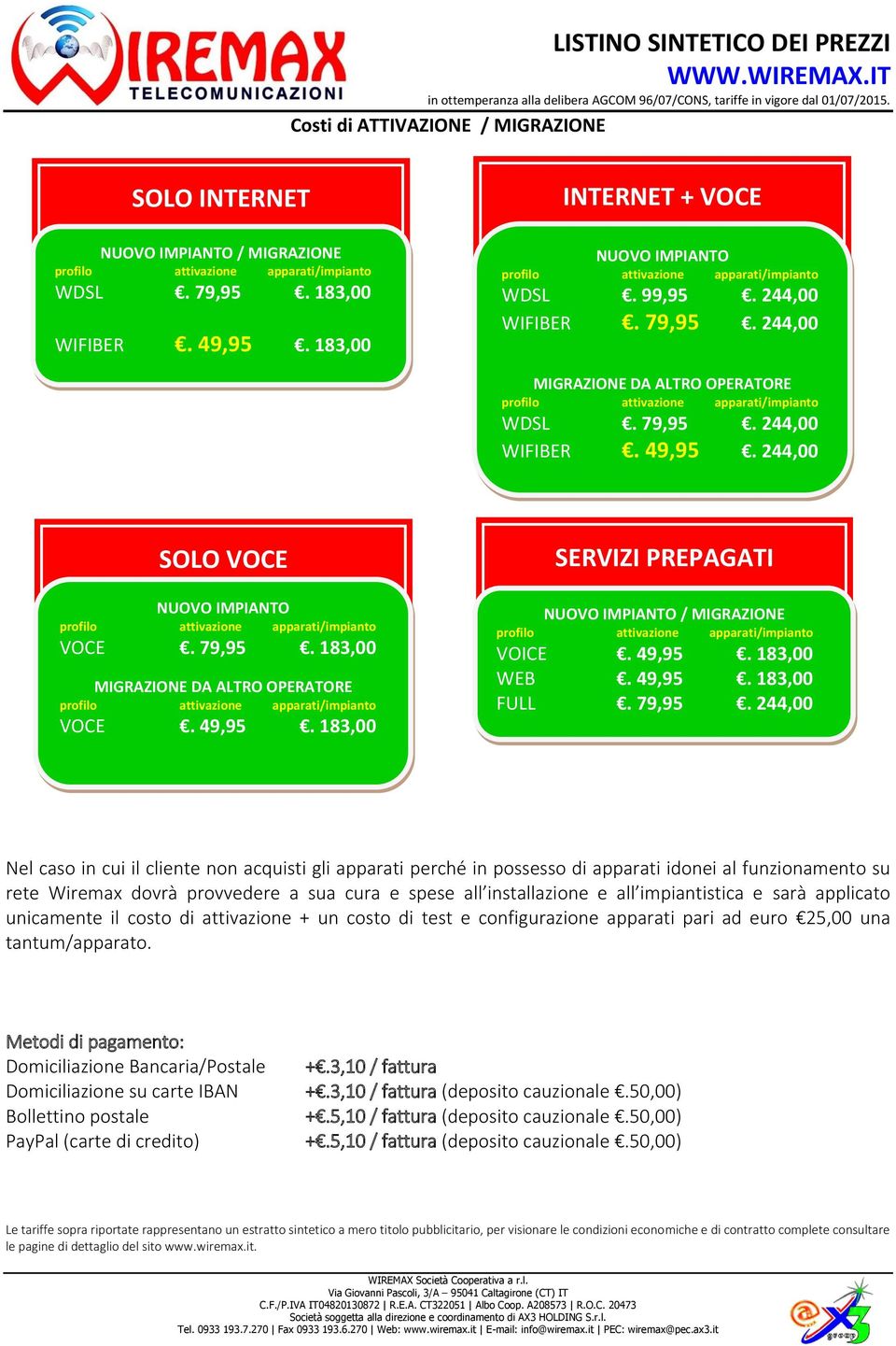 244,00 NUOVO IMPIANTO profilo attivazione apparati/impianto VOCE. 79,95. 183,00 MIGRAZIONE DA ALTRO OPERATORE profilo attivazione apparati/impianto VOCE. 49,95.