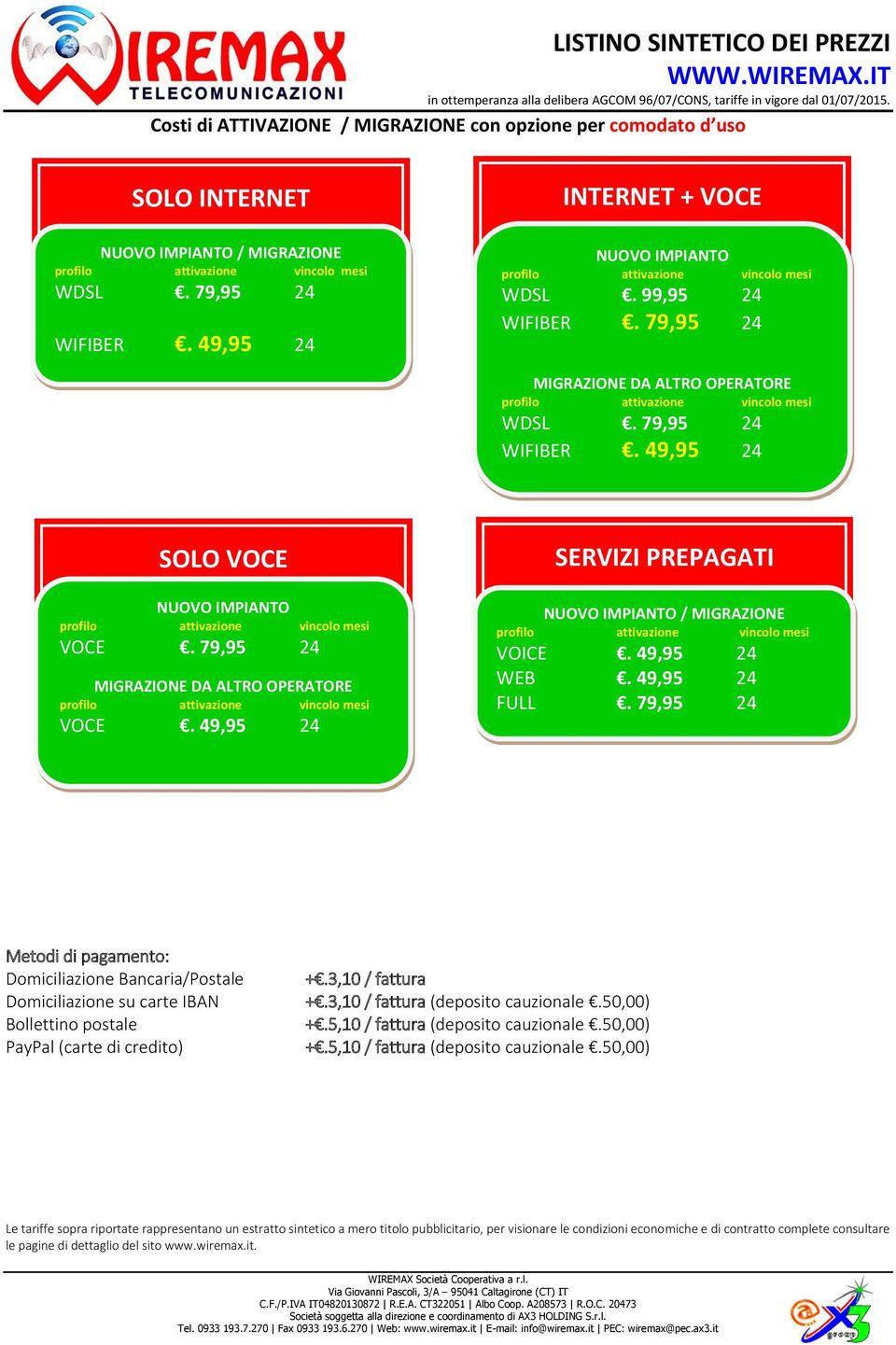 79,95 24 MIGRAZIONE DA ALTRO OPERATORE VOCE. 49,95 24 NUOVO IMPIANTO / MIGRAZIONE VOICE. 49,95 24 WEB. 49,95 24 FULL.