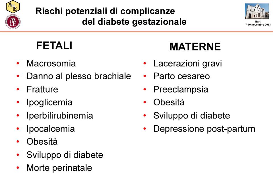 Ipocalcemia Obesità Sviluppo di diabete Morte perinatale MATERNE