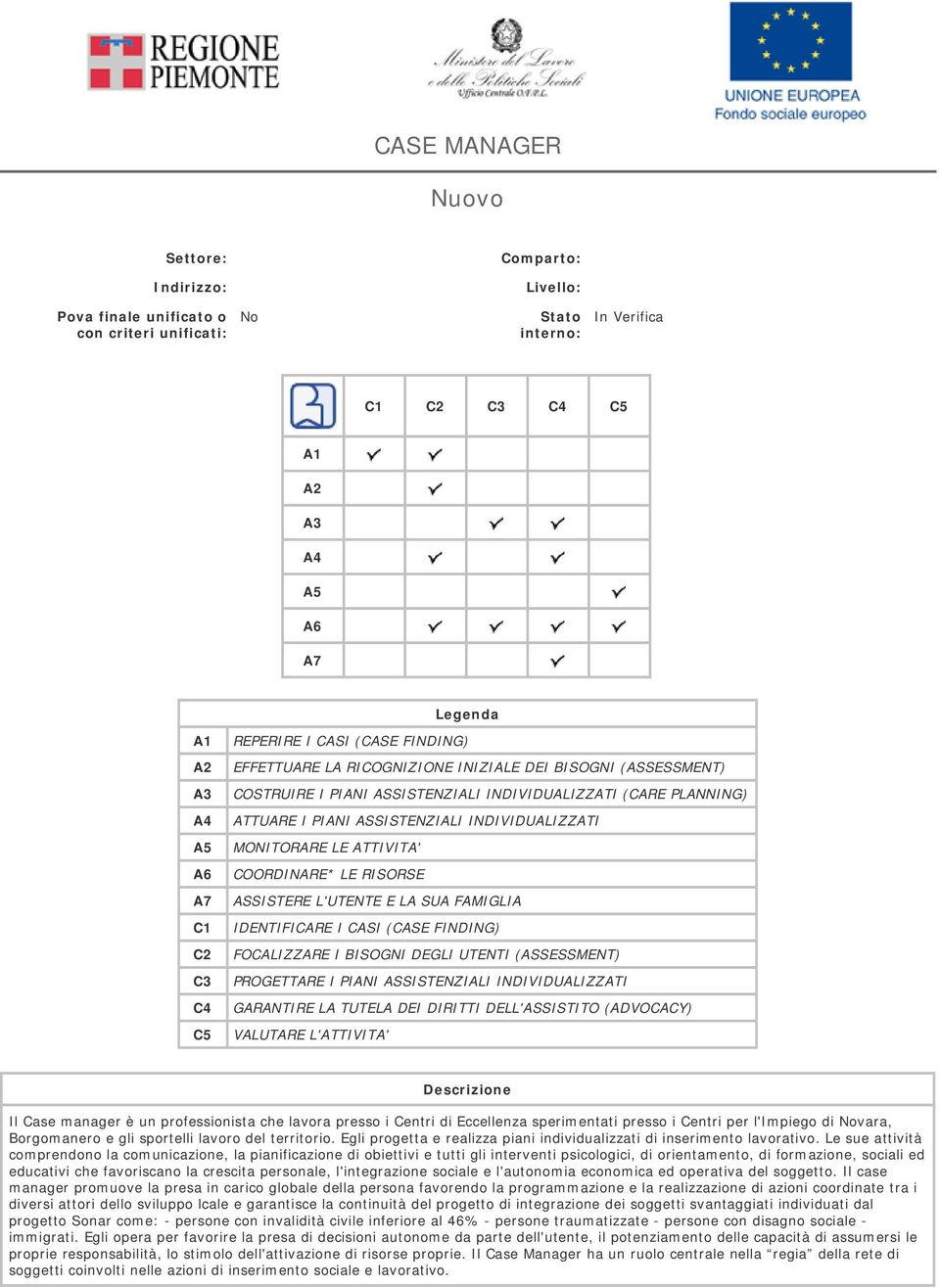 Descrizione Il Case manager è un professionista che lavora presso i Centri di Eccellenza sperimentati presso i Centri per l'impiego di Novara, Borgomanero e gli sportelli lavoro del territorio.