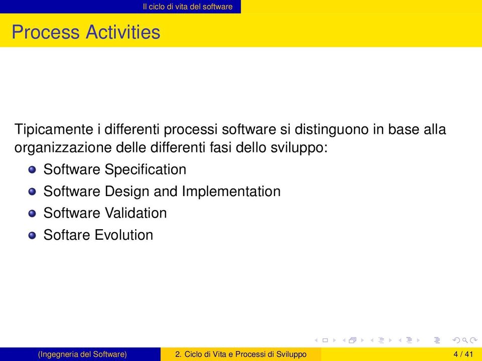 sviluppo: Software Specification Software Design and Implementation Software