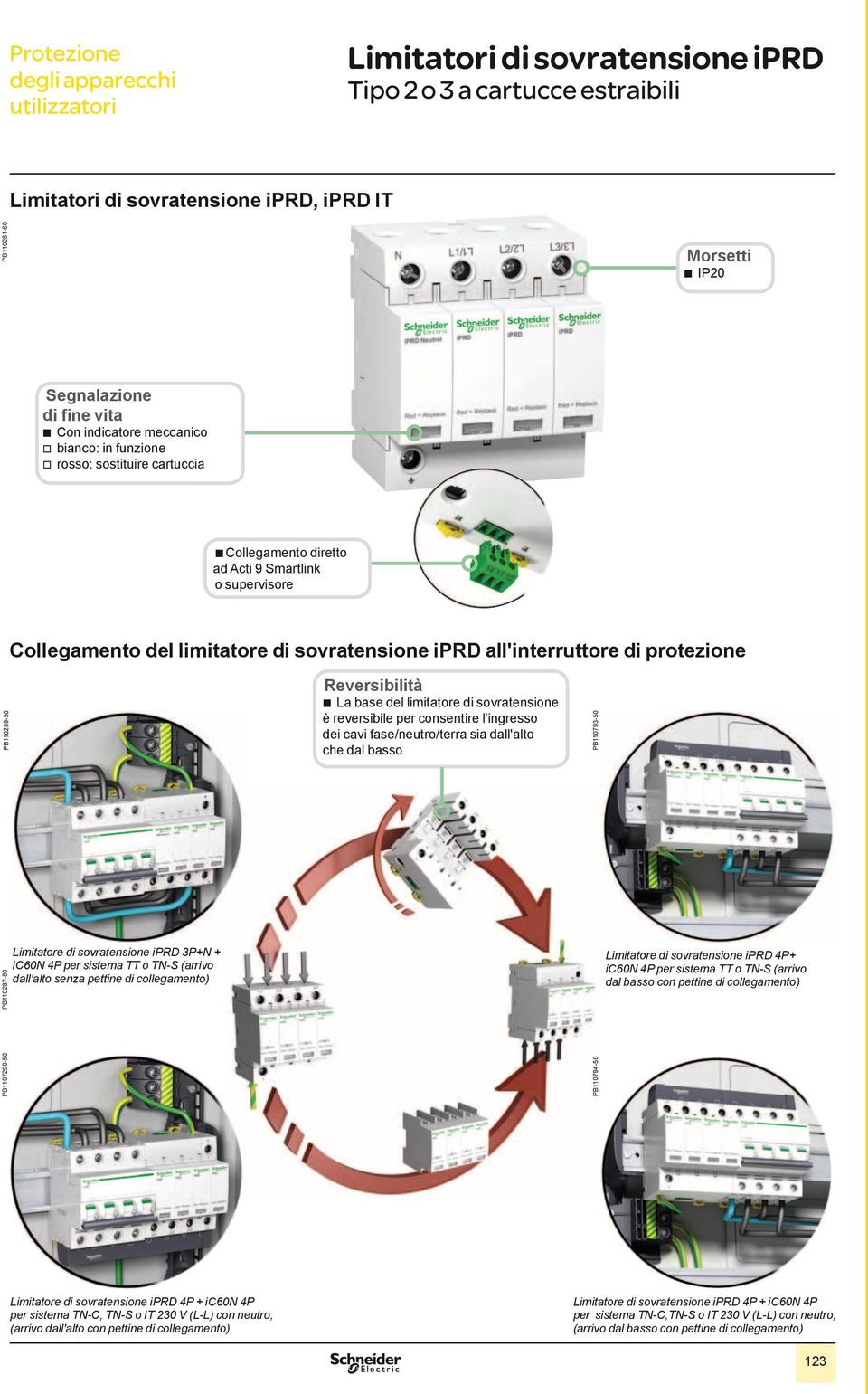 consentire l'ingresso dei cavi fase/neutro/terra sia dall'alto che dal basso Limitatore di sovratensione iprd 3P+N + ic60n 4P per sistema TT o TN-S (arrivo dall'alto senza pettine di collegamento)