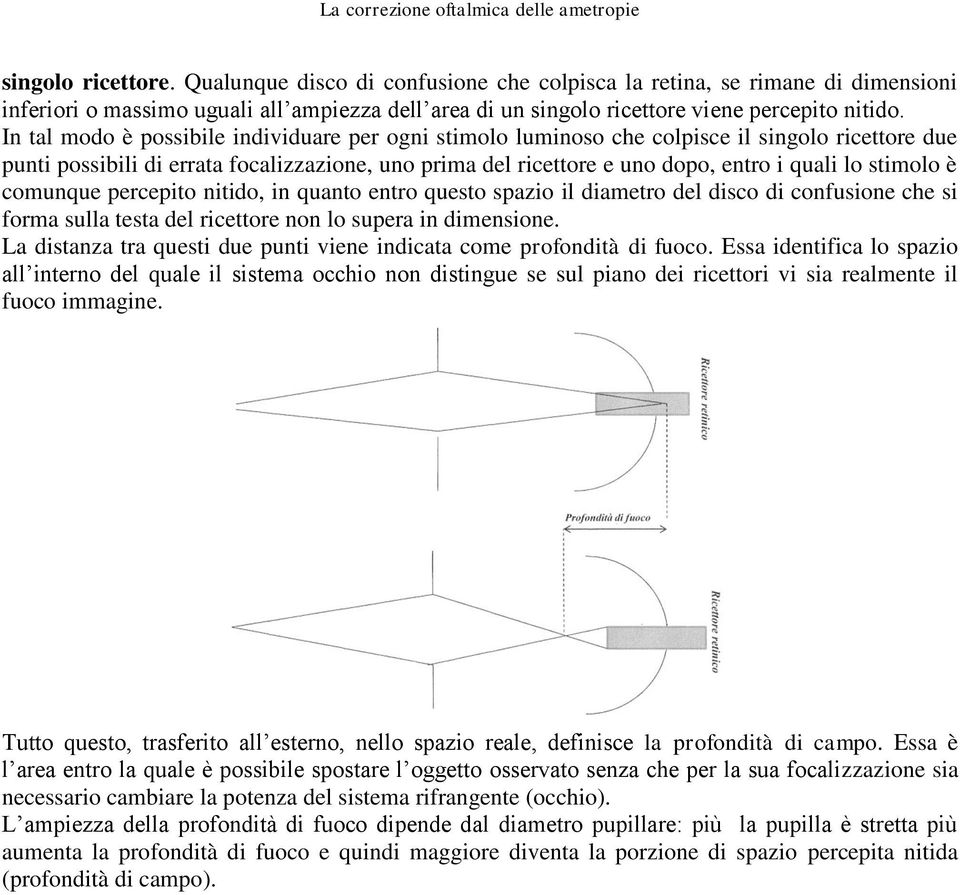 In tal modo è possibile individuare per ogni stimolo luminoso che colpisce il singolo ricettore due punti possibili di errata focalizzazione, uno prima del ricettore e uno dopo, entro i quali lo