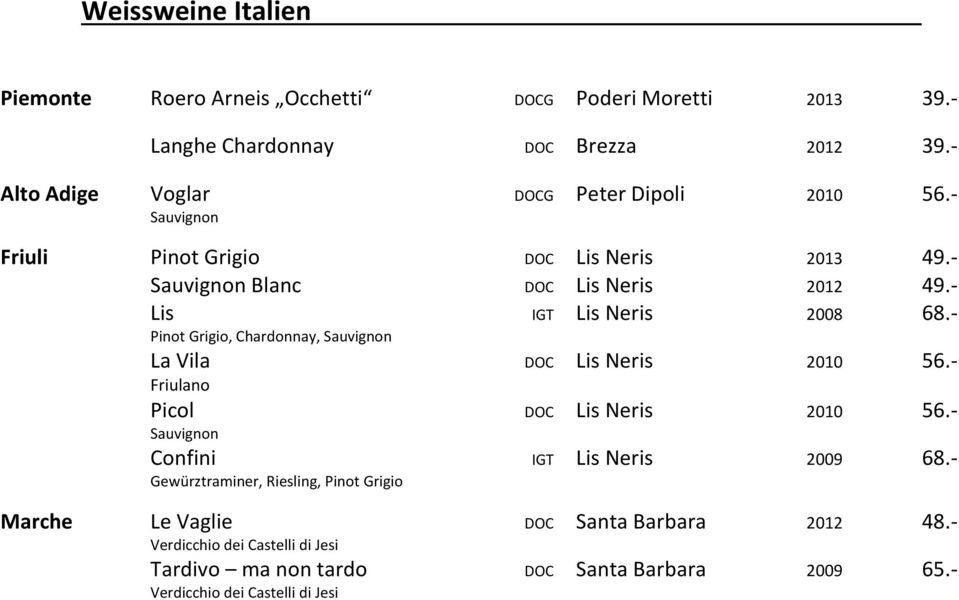 - Lis IGT Lis Neris 2008 68.- Pinot Grigio, Chardonnay, Sauvignon La Vila DOC Lis Neris 2010 56.- Friulano Picol DOC Lis Neris 2010 56.
