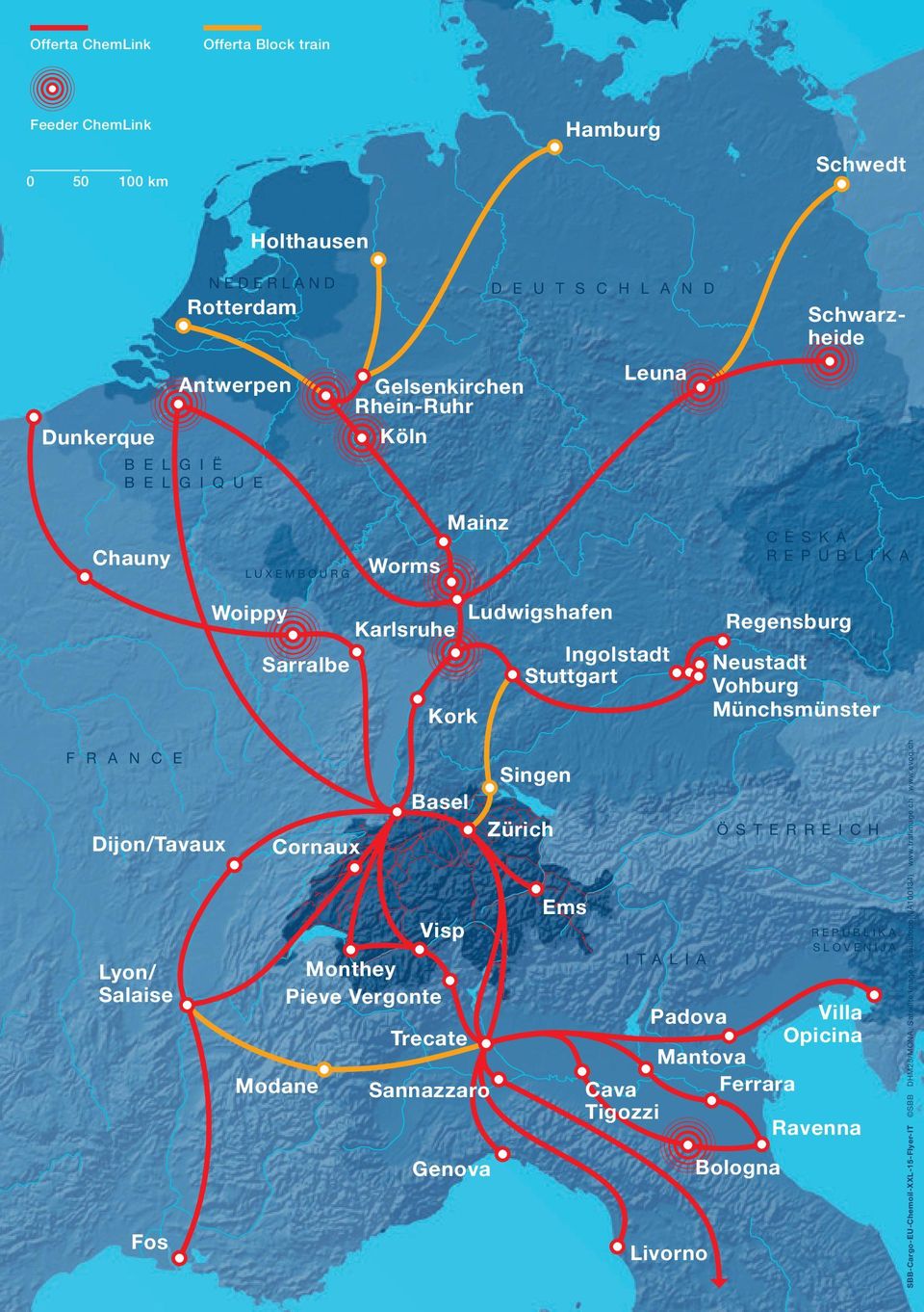 Münchsmünster F R A N C E Dijon/Tavaux Lyon/ Salaise Fos Cornaux Modane Basel Visp Monthey Pieve Vergonte Trecate Sannazzaro Genova Singen Zürich Ems Cava Tigozzi ITALIA Padova Livorno