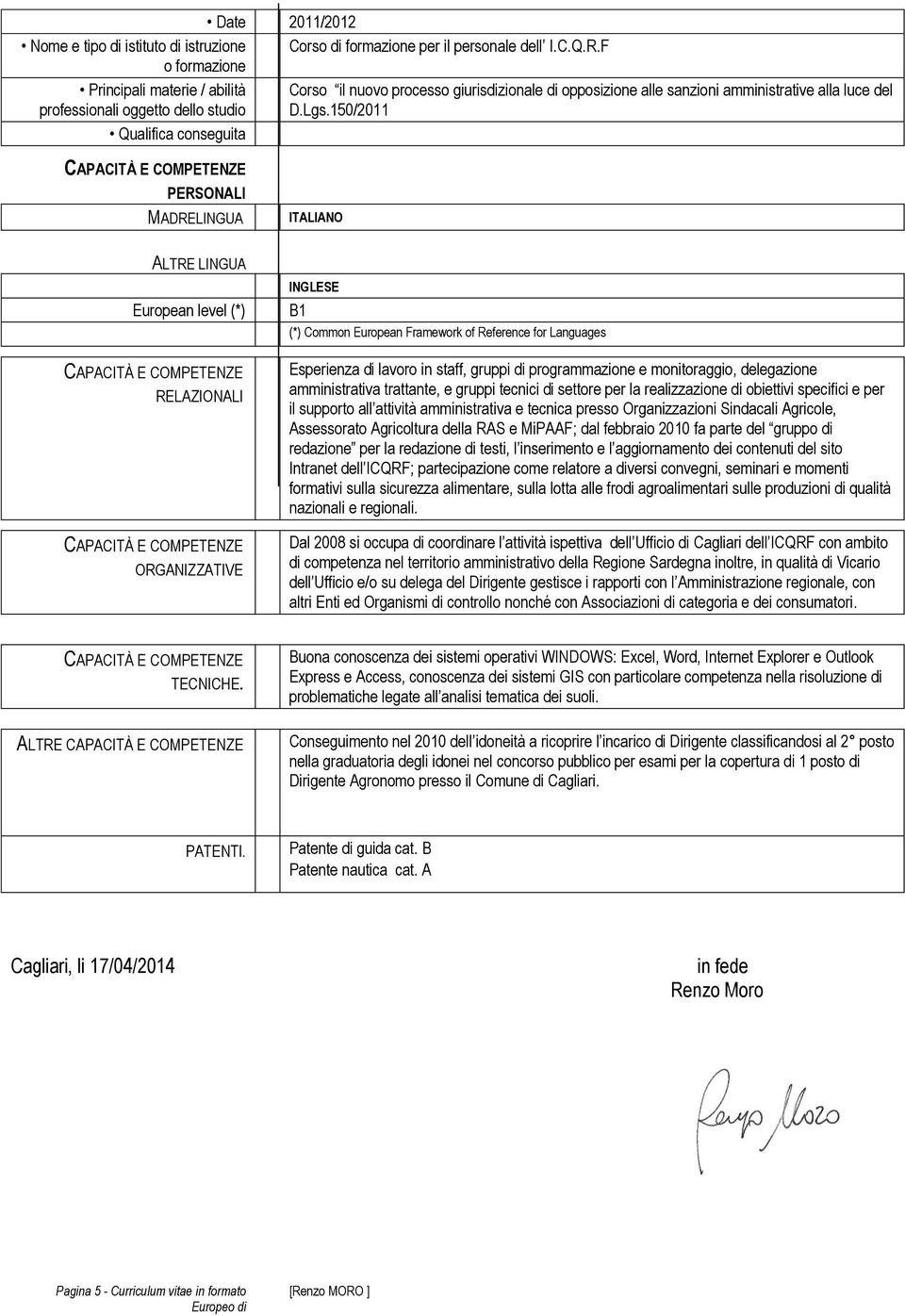 150/2011 PERSONALI MADRELINGUA ITALIANO ALTRE LINGUA European level (*) RELAZIONALI ORGANIZZATIVE INGLESE B1 (*) Common European Framework of Reference for Languages Esperienza di in staff, gruppi di