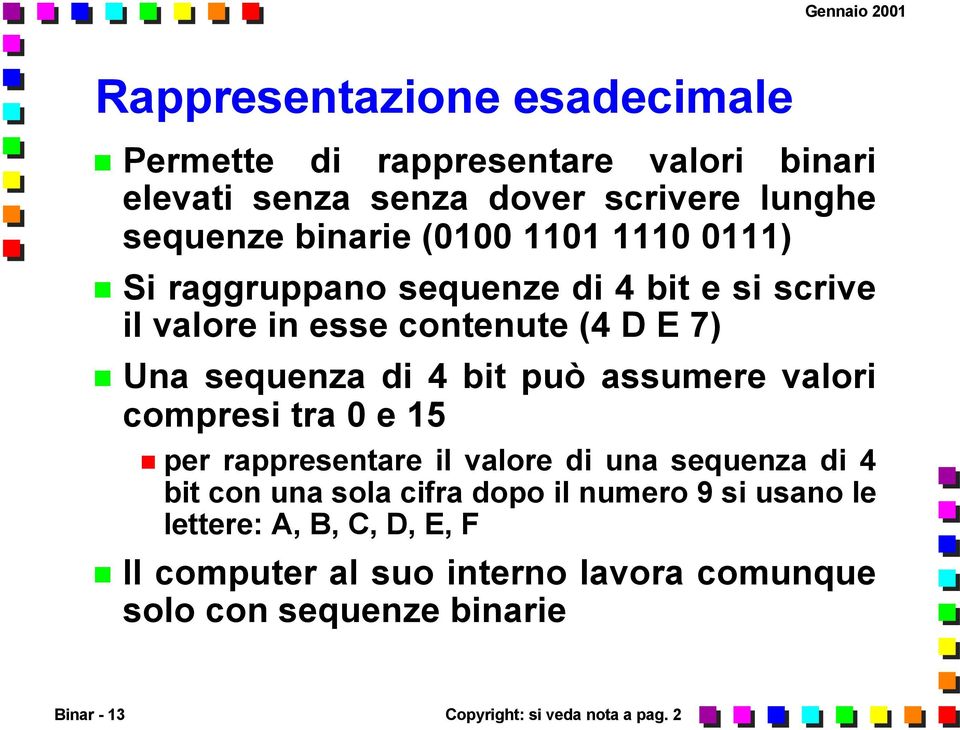 valori compresi tra 0 e 15 per rappresentare il valore di una sequenza di 4 bit con una sola cifra dopo il numero 9 si usano le