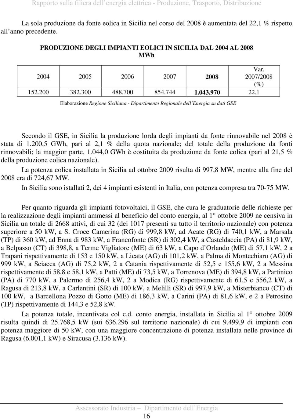 970 22,1 Elaborazione Regione Siciliana - Dipartimento Regionale dell Energia su dati GSE Secondo il GSE, in Sicilia la produzione lorda degli impianti da fonte rinnovabile nel 2008 è stata di 1.