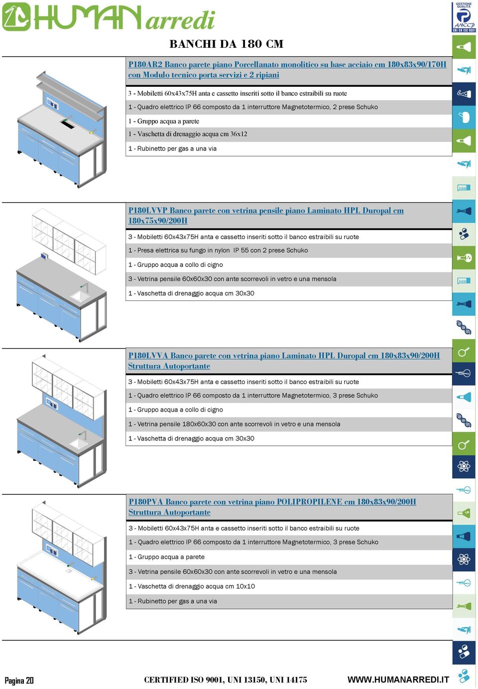 Banco parete con vetrina pensile piano Laminato HPL Duropal cm 180x75x90/200H 3 - Mobiletti 60x43x75H anta e cassetto inseriti sotto il banco estraibili su ruote 1 - Presa elettrica su fungo in nylon