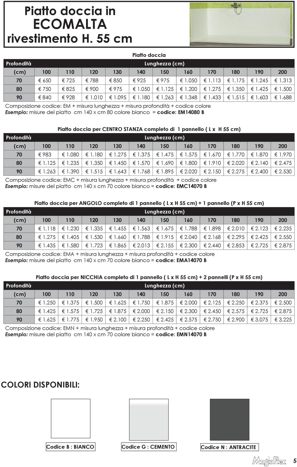 688 Composizione codice: EM + misura lunghezza + misura profondità + codice colore Esempio: misure del piatto cm 140 x cm 80 colore bianco = codice: EM14080 B Piatto doccia per CENTRO STANZA completo