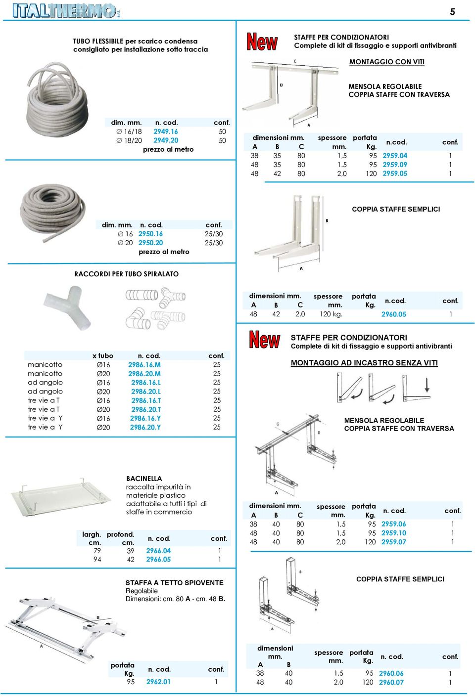 05 1 COPPIA STAFFE SEMPLICI dim. mm. 16 2950.16 25/30 20 2950.20 25/30 prezzo al metro RACCORDI PER TUBO SPIRALATO dimensioni mm. spessore portata n.cod. conf. A B C mm. Kg. 48 42 2,0 120 kg. 2960.