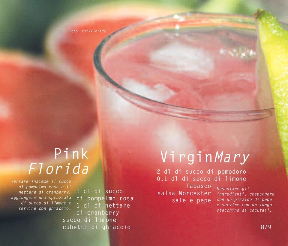 1 dl di succo di pompelmo rosa 1 dl di nettare di cranberry succo di limone cubetti di ghiaccio VirginMary 2 dl di