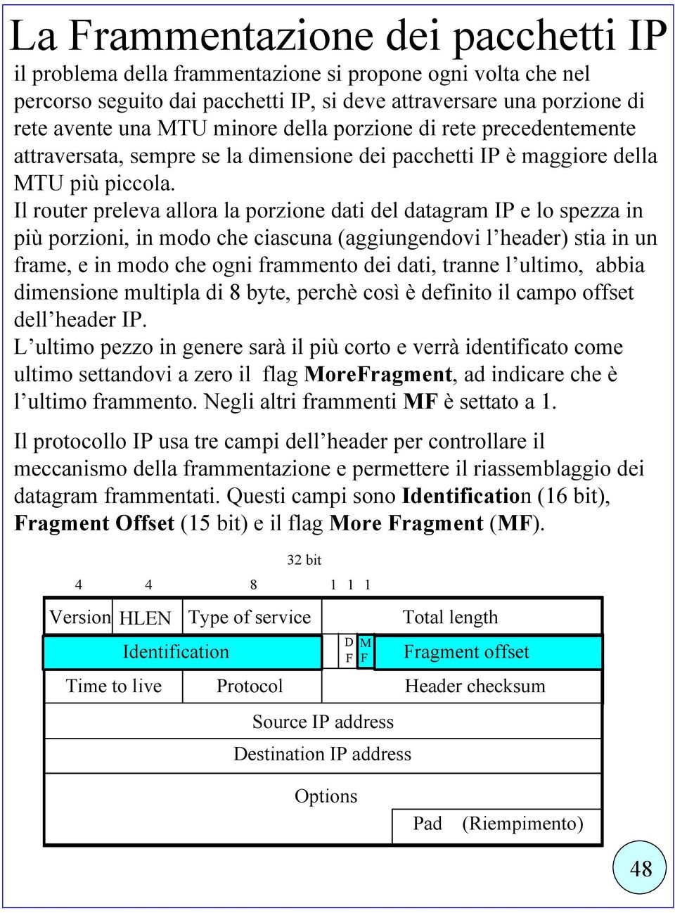 Il router preleva allora la porzione dati del datagram IP e lo spezza in più porzioni, in modo che ciascuna (aggiungendovi l header) stia in un frame, e in modo che ogni frammento dei dati, tranne l