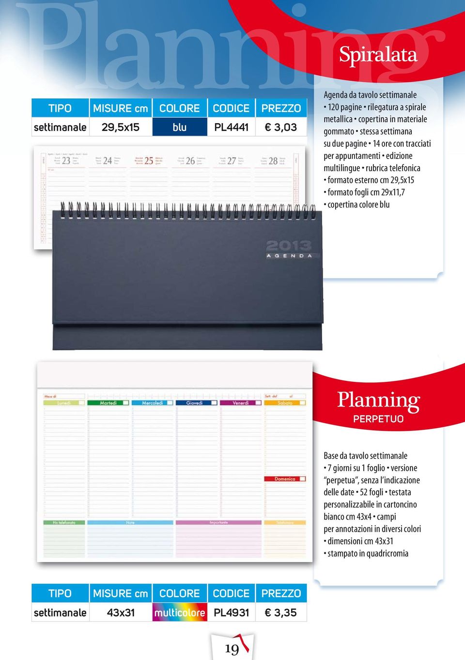 copertina colore blu Planning perpetuo Base da tavolo settimanale 7 giorni su 1 foglio versione perpetua, senza l indicazione delle date 52 fogli testata