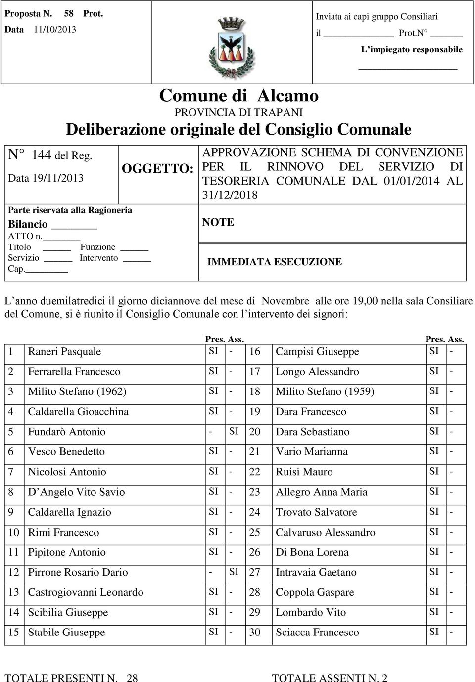 OGGETTO: APPROVAZIONE SCHEMA DI CONVENZIONE PER IL RINNOVO DEL SERVIZIO DI TESORERIA COMUNALE DAL 01/01/2014 AL 31/12/2018 NOTE IMMEDIATA ESECUZIONE L anno duemilatredici il giorno diciannove del