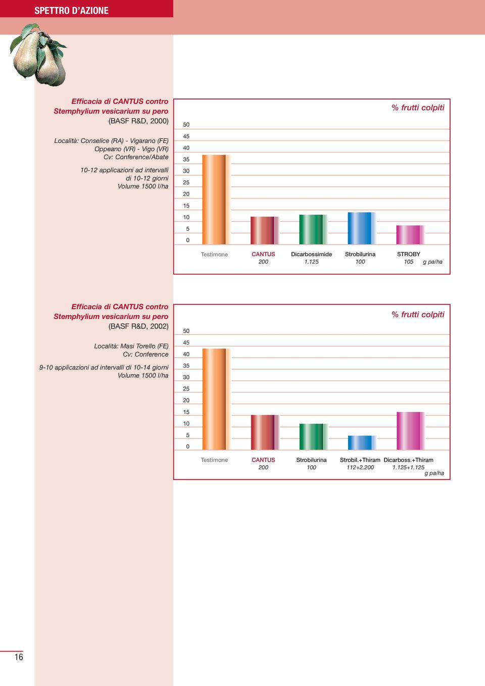 125 Strobilurina 100 STROBY 105 g pa/ha Efficacia di contro Stemphylium vesicarium su pero (BASF R&D, 2002) Località: Masi Torello (FE) Cv: Conference 9-10 applicazioni