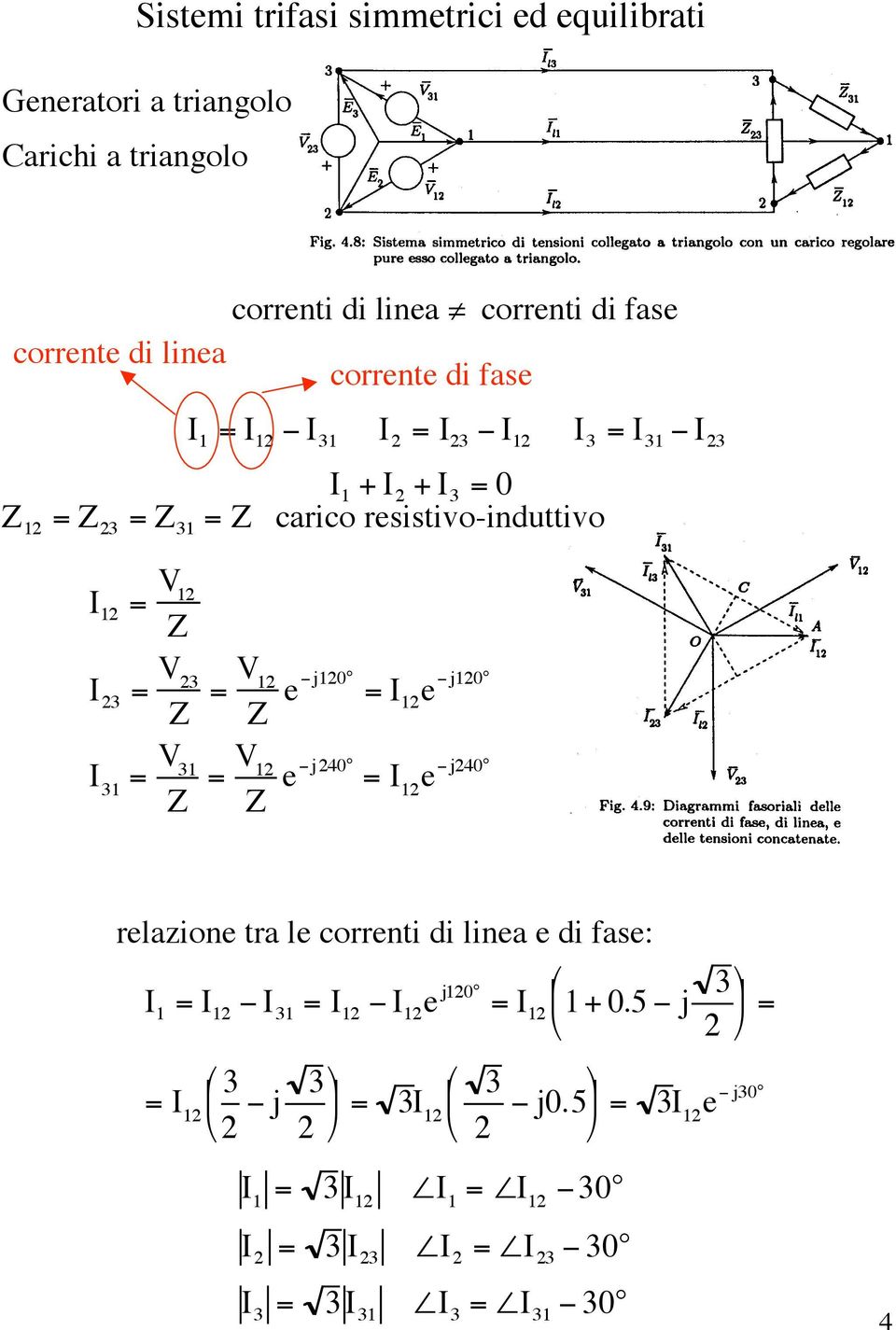 23 = V 23 Z = V 12 Z e j120 = 2 e j120 I 31 = V 31 Z = V 12 Z e j240 = 2 e j240 relazione tra le correnti di linea e di fase: = 2 I 31 =