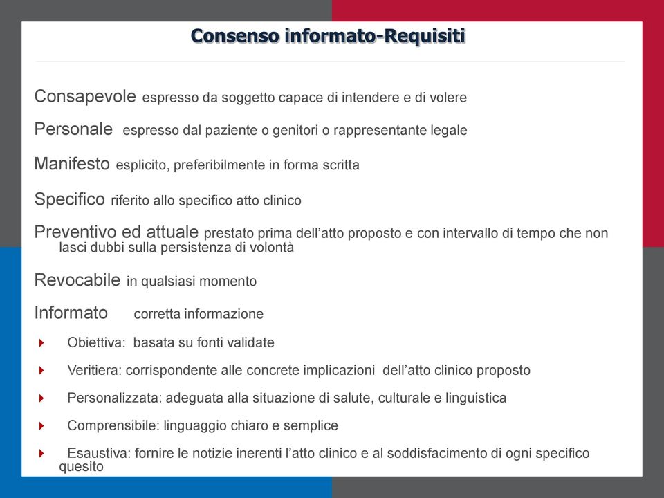 Revocabile in qualsiasi momento Informato corretta informazione Obiettiva: basata su fonti validate Veritiera: corrispondente alle concrete implicazioni dell atto clinico proposto Personalizzata: