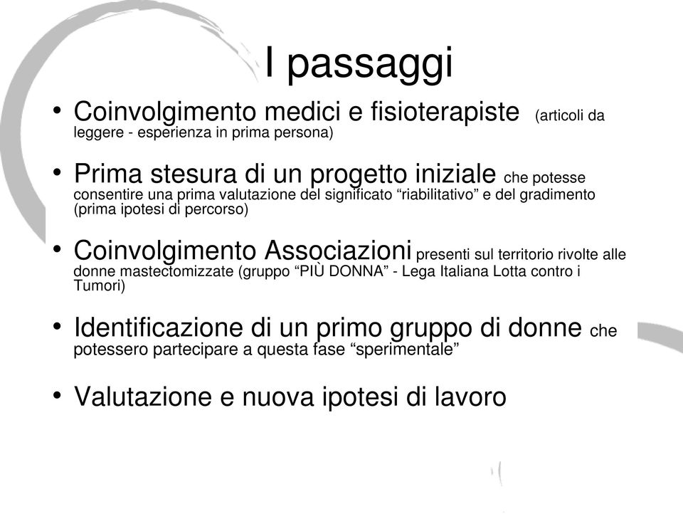 Coinvolgimento Associazioni presenti sul territorio rivolte alle donne mastectomizzate (gruppo PIÙ DONNA - Lega Italiana Lotta contro