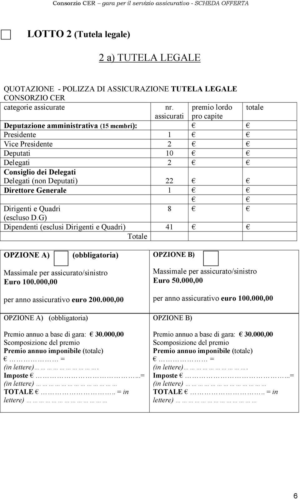 Generale 1 Dirigenti e Quadri 8 (escluso D.G) Dipendenti (esclusi Dirigenti e Quadri) 41 Totale OPZIONE A) (obbligatoria) OPZIONE B) Massimale per assicurato/sinistro Euro 100.