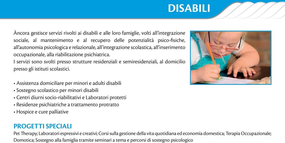 I servizi sono svolti presso strutture residenziali e semiresidenziali, al domicilio presso gli istituti scolastici.