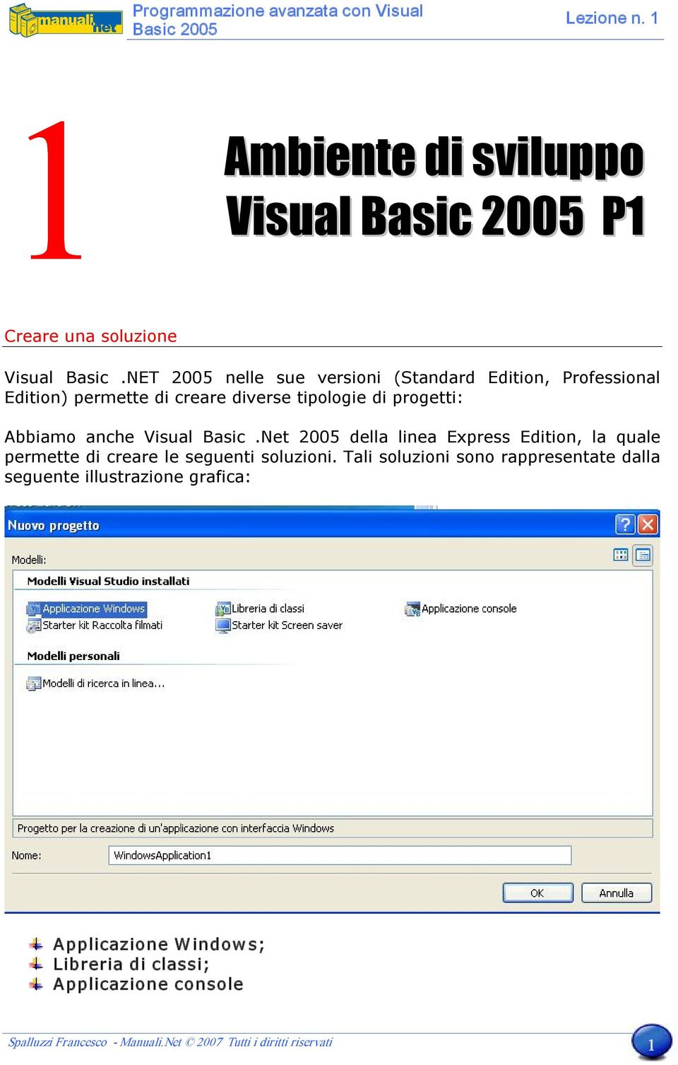 Abbiamo anche Visual Basic.Net 2005 della linea Express Edition, la quale permette di creare le seguenti soluzioni.