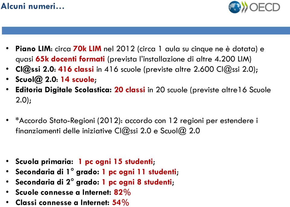 0: 14 scuole; Editoria Digitale Scolastica: 20 classi in 20 scuole (previste altre16 Scuole 2.