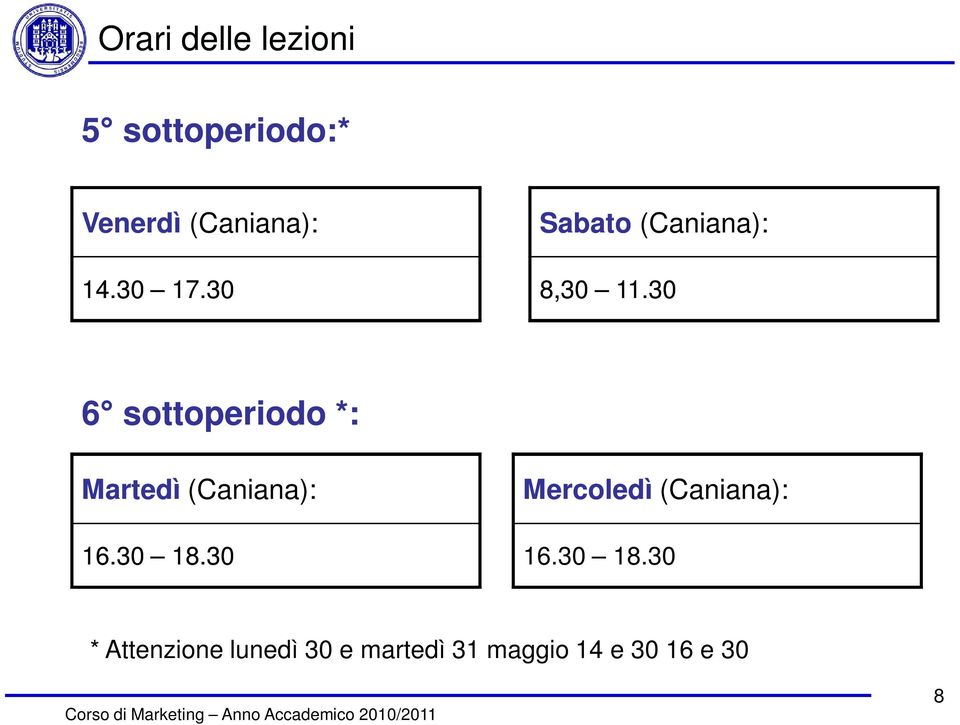 30 6 sottoperiodo *: Martedì (Caniana): 16.30 18.