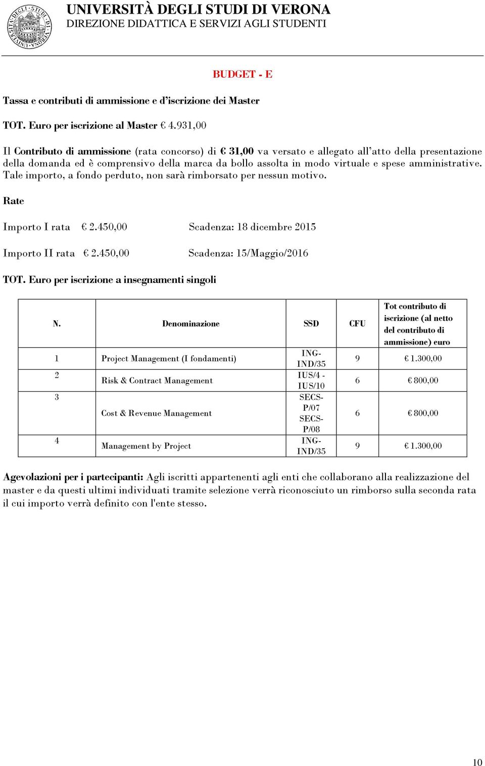 amministrative. Tale importo, a fondo perduto, non sarà rimborsato per nessun motivo. Rate Importo I rata 2.450,00 Scadenza: 18 dicembre 2015 Importo II rata 2.450,00 Scadenza: 15/Maggio/2016 TOT.