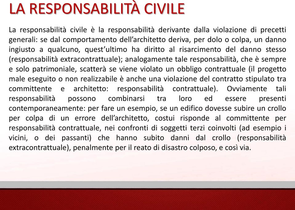 un obbligo contrattuale (il progetto male eseguito o non realizzabile è anche una violazione del contratto stipulato tra committente e architetto: responsabilità contrattuale).