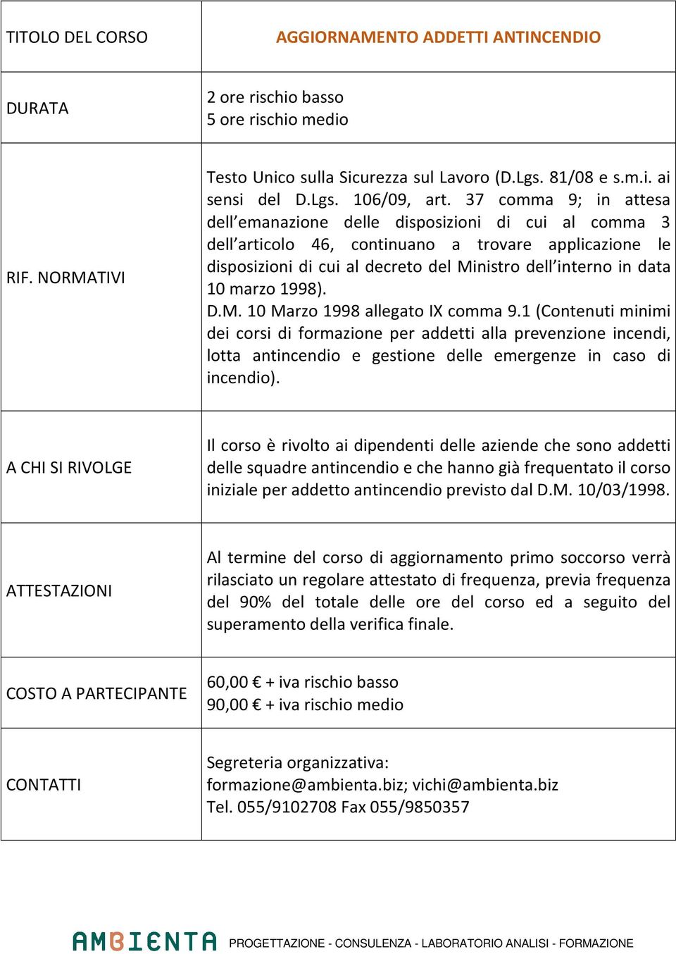 marzo 1998). D.M. 10 Marzo 1998 allegato IX comma 9.1 (Contenuti minimi dei corsi di formazione per addetti alla prevenzione incendi, lotta antincendio e gestione delle emergenze in caso di incendio).