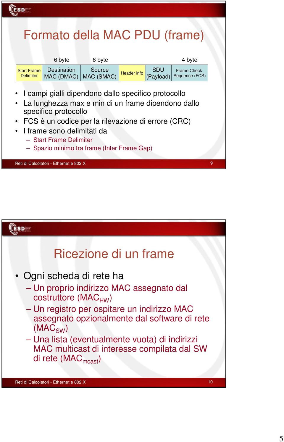 minimo tra frame (Inter Frame Gap) Reti di Calcolatori - Ethernet e 802.