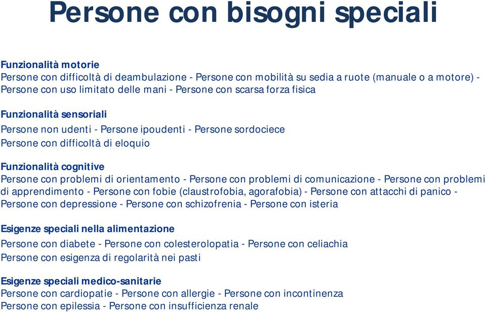 orientamento - Persone con problemi di comunicazione - Persone con problemi di apprendimento - Persone con fobie (claustrofobia, agorafobia) - Persone con attacchi di panico - Persone con depressione