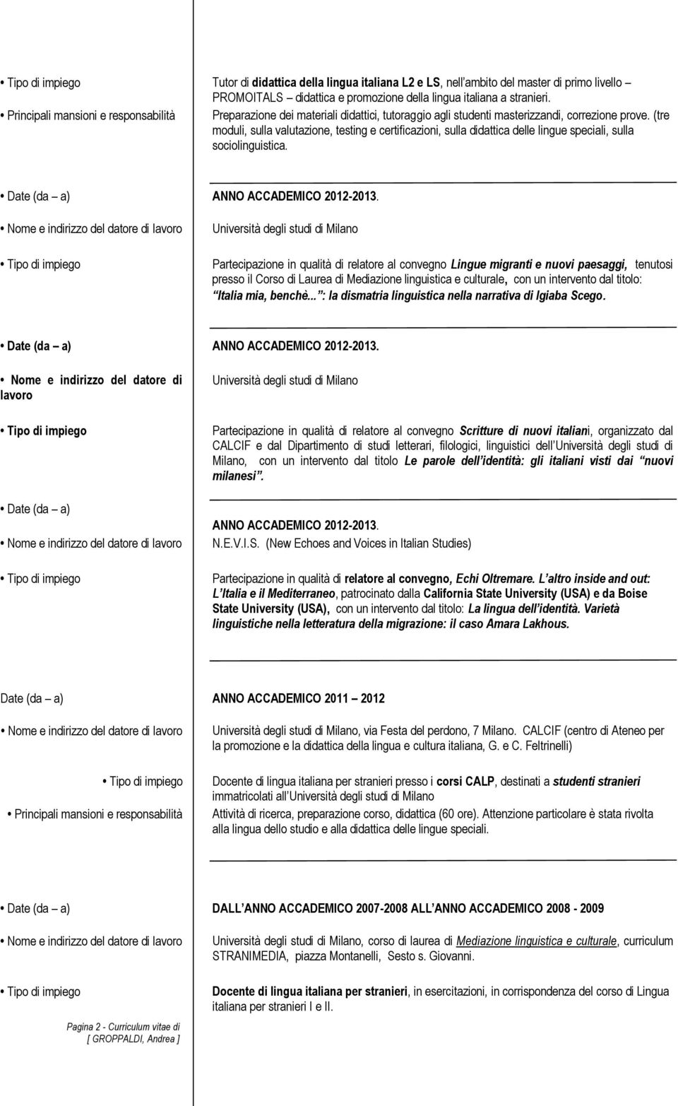 (tre moduli, sulla valutazione, testing e certificazioni, sulla didattica delle lingue speciali, sulla sociolinguistica. Date (da a) ANNO ACCADEMICO 2012-2013.