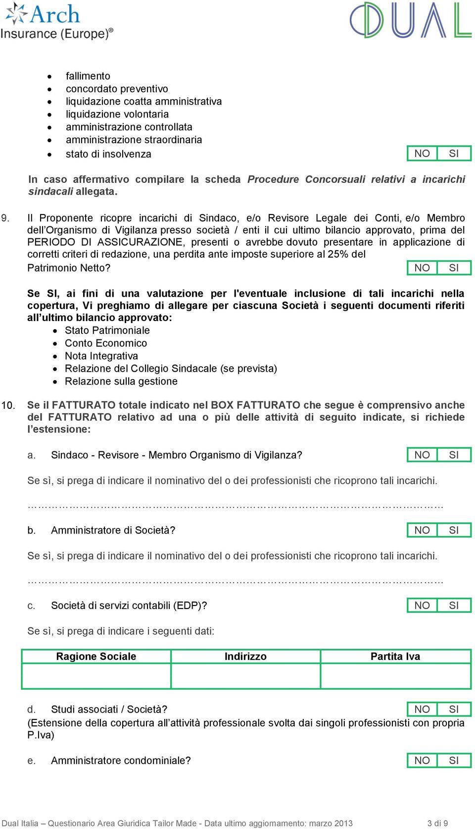 Il Proponente ricopre incarichi di Sindaco, e/o Revisore Legale dei Conti, e/o Membro dell Organismo di Vigilanza presso società / enti il cui ultimo bilancio approvato, prima del PERIODO DI