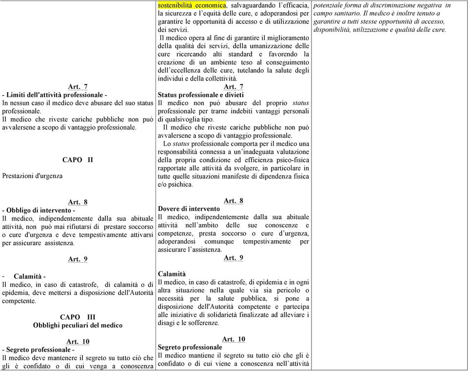 8 - Obbligo di intervento - Il medico, indipendentemente dalla sua abituale attività, non può mai rifiutarsi di prestare soccorso o cure d'urgenza e deve tempestivamente attivarsi per assicurare