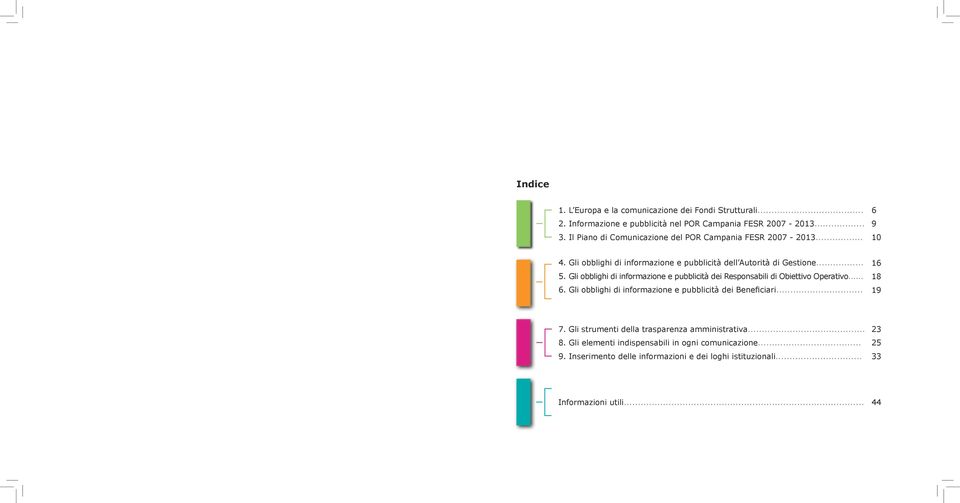 Gli obblighi di informazione e pubblicità dei Responsabili di Obiettivo Operativo... 6. Gli obblighi di informazione e pubblicità dei Beneficiari... 16 18 19 7.