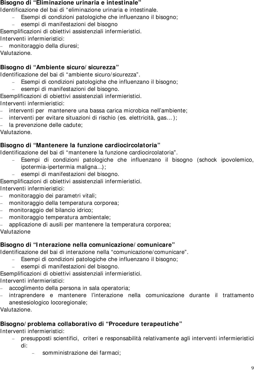 sicuro/sicurezza. Esempi di condizioni patologiche che influenzano il bisogno; esempi di manifestazioni del bisogno.