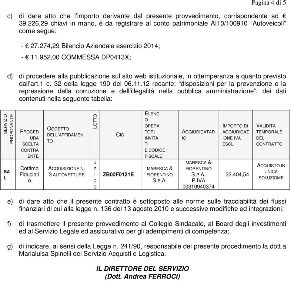 .2 recante: dispsizini per la prevenzine e la repressine della crruzine e dell illegalità nella pubblica amministrazine, dei dati cntenuti nella seguente tabella: SERVIZIO PROPONENTE SA L PROCED URA