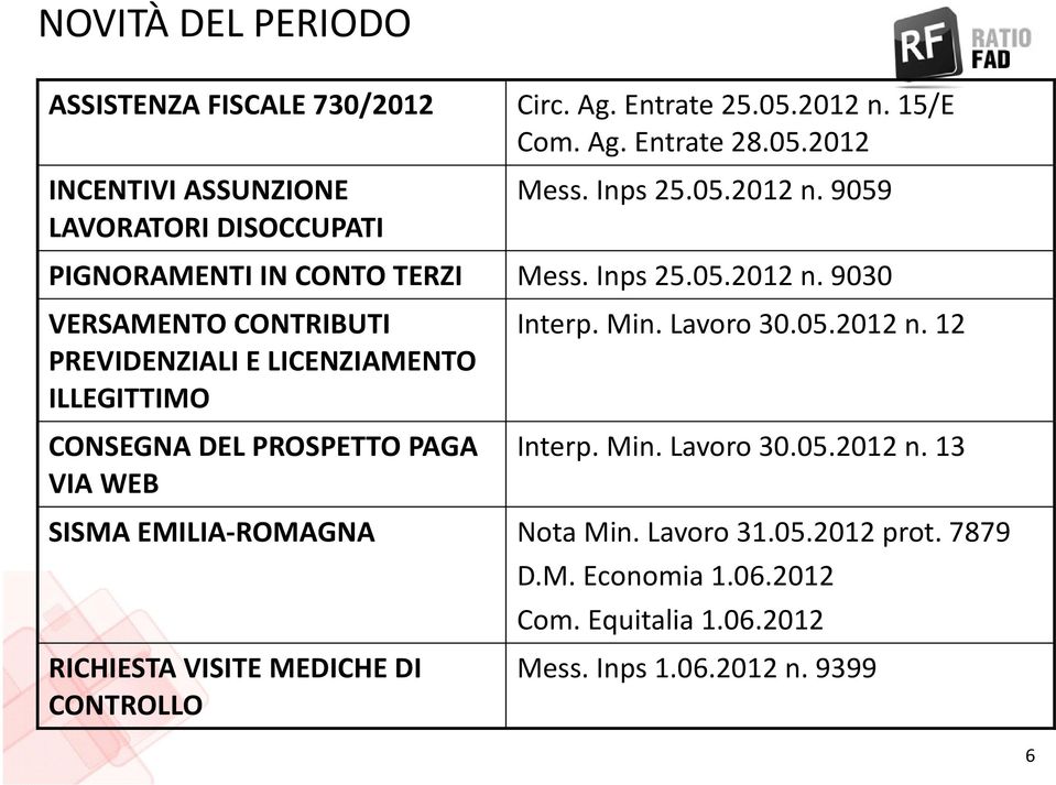 Min. Lavoro 30.05.2012 n. 12 CONSEGNA DEL PROSPETTO PAGA VIA WEB Interp. Min. Lavoro 30.05.2012 n. 13 SISMA EMILIA-ROMAGNA Nota Min. Lavoro 31.05.2012 prot.