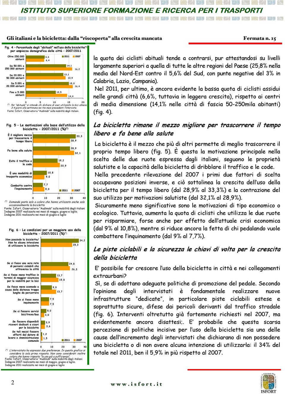 5 Le motivazioni alla base dell utilizzo della bicicletta / (%) (*) È il migliore mezzo per trascorrere il tempo libero Fa bene alla salute Evito il traffico e le code Èuna modalitàdi trasporto