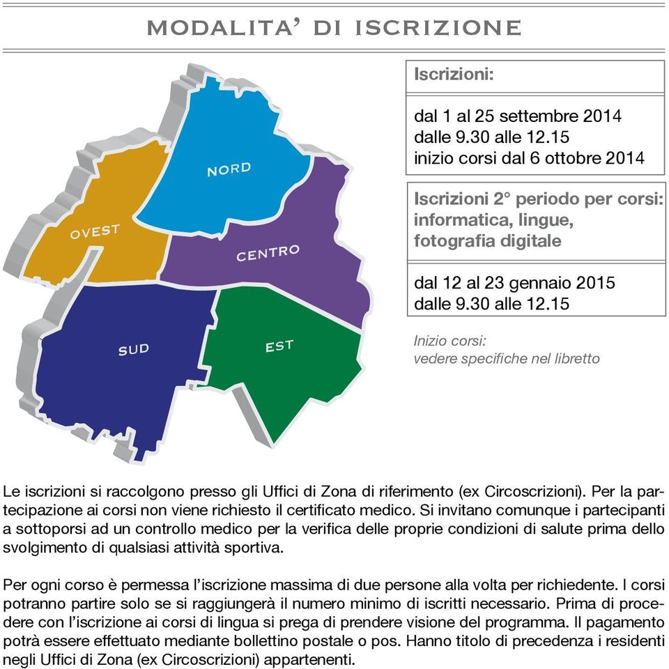 15 Inizio corsi: vedere specifiche nel libretto Le iscrizioni si raccolgono presso gli Uffici di Zona di riferimento (ex Circoscrizioni).