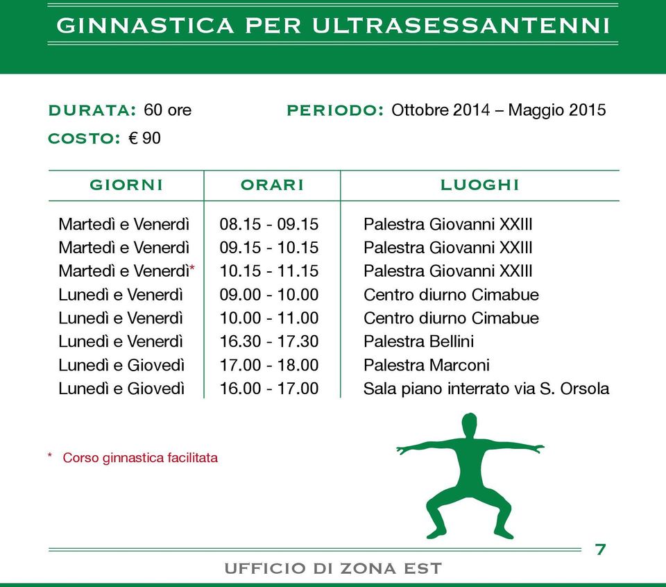 15 Palestra Giovanni XXIII Lunedì e Venerdì 09.00-10.00 Centro diurno Cimabue Lunedì e Venerdì 10.00-11.